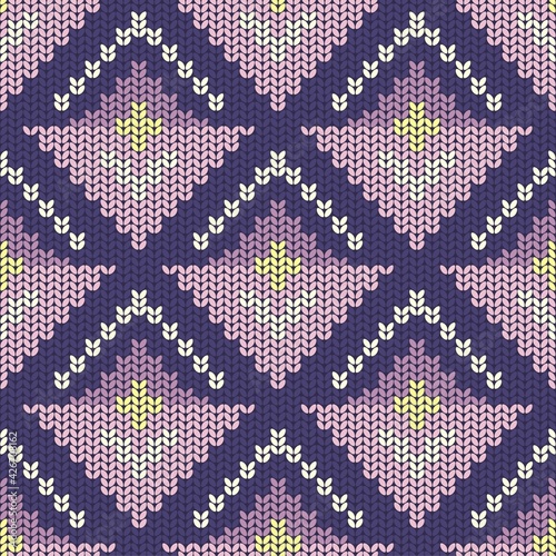 Geometric seamless retro pattern in knitted style, abstract sprout or flower. Stock vector illustration for web, print, background and wallpaper, scrapbooking and wrapping paper.