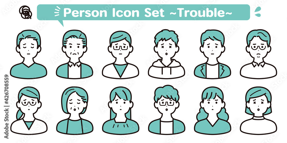 私服のシンプルな人物アイコン素材セット　困る・悩む