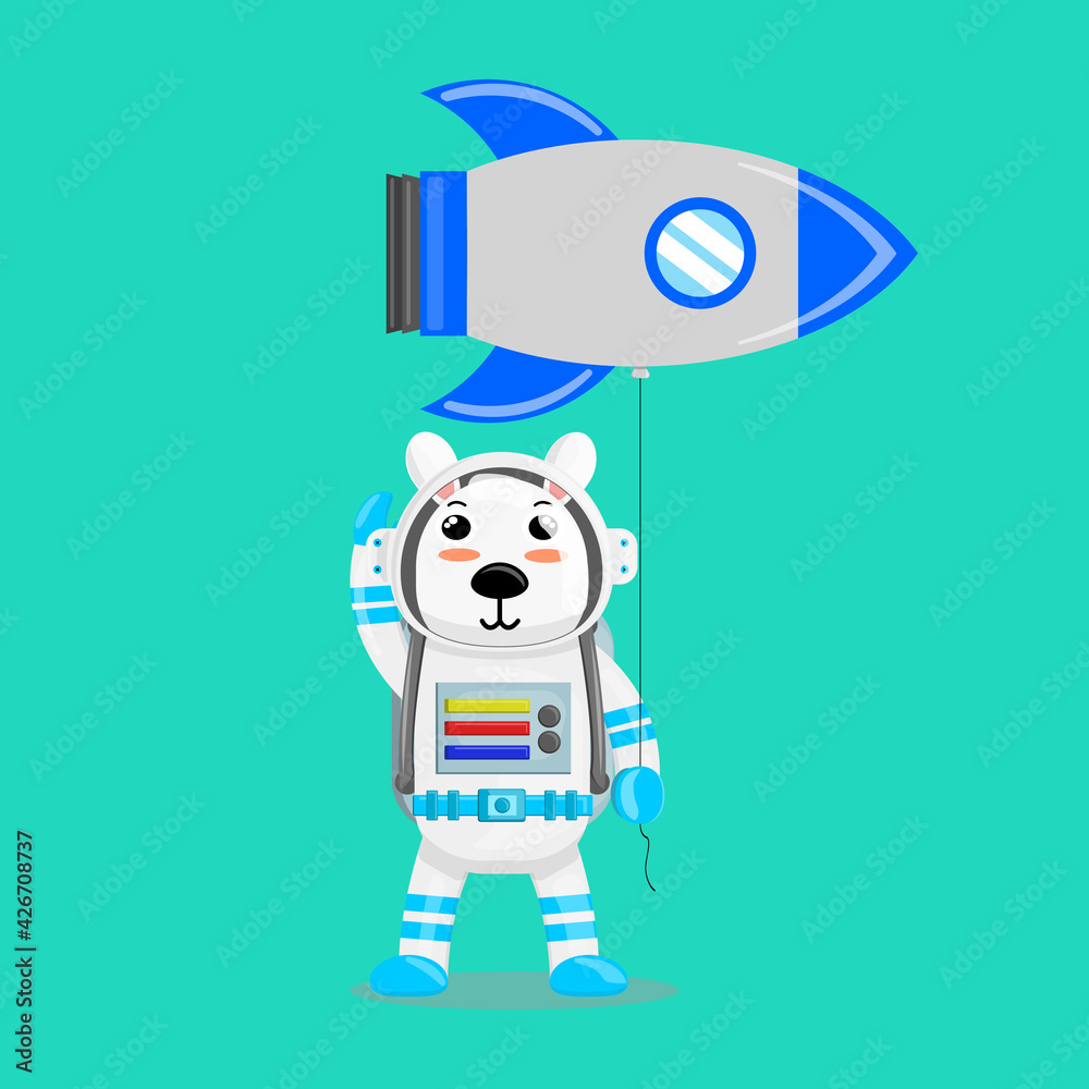 Illustration vector graphic cartoon of cute polar bear astronaut holding balloon shaped a spaceship. Childish cartoon design suitable for product design of children's books, t-shirt etc Illustration vector graphic cartoon of cute polar bear astronaut holding balloon shaped a spaceship. Childish cartoon design suitable for product design of children's books, t-shirt etc