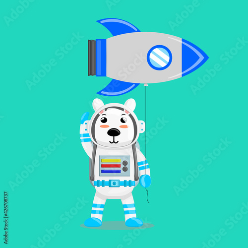 Illustration vector graphic cartoon of cute polar bear astronaut holding balloon shaped a spaceship. Childish cartoon design suitable for product design of children's books, t-shirt etc