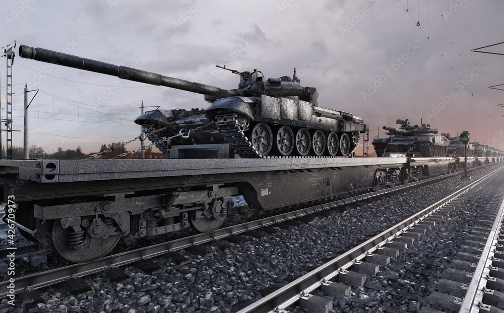 Fototapeta premium Russia Ukraine conflict. The build-up of Russian troops on the Ukraine border could lead to open conflict. Russian forces are massing on Ukraine's border. Military intervention, war crisis risk. 3D