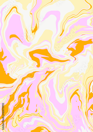 Fluid art texture. Abstract background with swirling paint effect. A4. Liquid acrylic picture that flows and splashes. Mixed paints for interior poster. yellow, pink, gray overflowing colors
