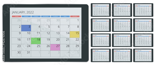 Calendar Planner for 2022. Calendar template for 2022. Stationery Design Print Template with Place for Photo, Your Logo and Text. Corporate and business horizontal calendar.