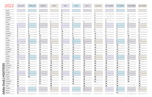 Calendar Planner for 2022. Calendar template for 2022. Stationery Design Print Template with Place for Photo, Your Logo and Text. Corporate and business vertical calendar.