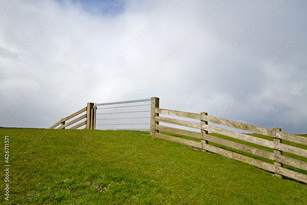 Dutch dike with grass cover, a fence made of planks and steel on a grassy embankment