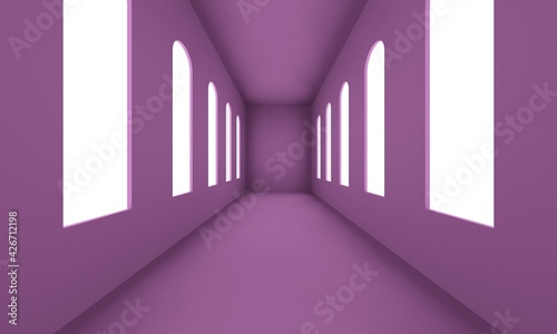 Lilac corridor with large windows and bright lights. Backdrop design for product promotion. 3d rendering