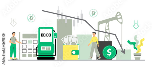 Oil price decreasing concept vector. Petroleum stock market crisis, default. Coronavirus impact on falling oil prices. Arrow goes to zero. Tiny businessmen in a panic. Gas station, barrel