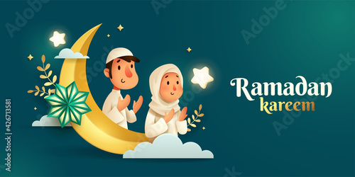 3D illustration of Ramadan Kareem Islamic festival background with Muslim prayer, crescent moon and islamic decorations.