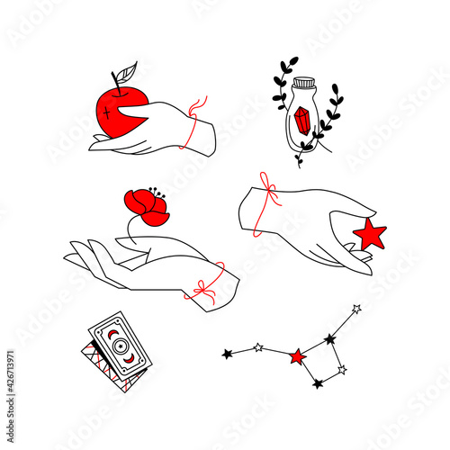 Set of linear magic symbols, female hand logos. Mysterious illustrations. Logo for the witch. Hand holds a star, an apple, a flower, a stylized constellation, tarot cards, a bottle of potion
