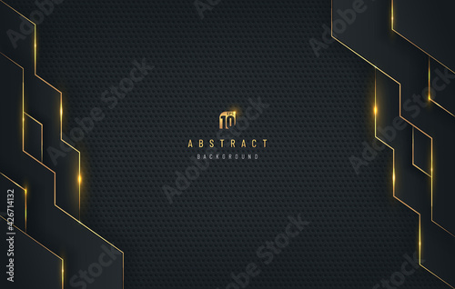 Abstract glowing gold stripes line and black vertical geometric shape, Shiny motion dark metallic texture background. Technology and futuristic concept. Luxury and elegant style. Vector EPS10