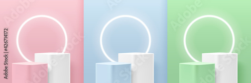 Set of green, blue, pink round corner cube pedestal podium. Glowing neon ring. Pastel color room. Abstract modern vector rendering 3d shape for cosmetic products display. Minimal wall scene.