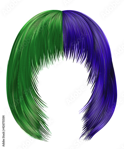 trendy woman hairs purple and green colors . kare with fringe .
 beauty fashion. realistic  3d .coloring.
