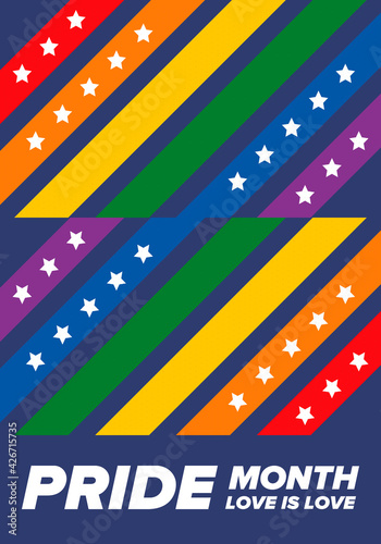 LGBTQIA Pride Month in June. Lesbian Gay Bisexual Transgender. Celebrated annual. LGBT flag. Rainbow love concept. Human rights and tolerance. Poster, card, banner and background. Vector illustration