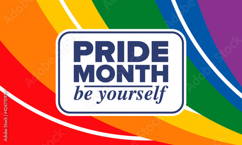 LGBTQIA Pride Month in June. Lesbian Gay Bisexual Transgender. Celebrated annual. LGBT flag. Rainbow love concept. Human rights and tolerance. Poster, card, banner and background. Vector illustration