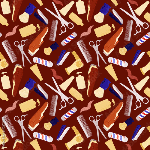 Seamless pattern hairdressing in doodle on brown background.