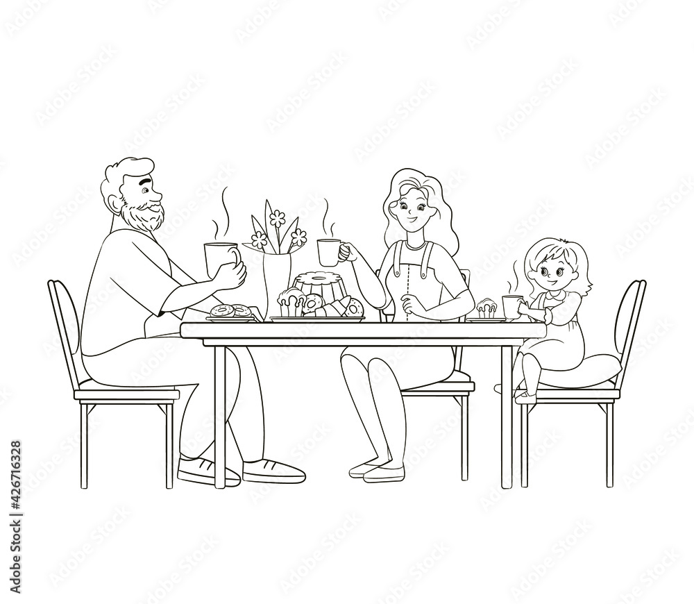 Coloring book family big table drinking tea mom dad little daughter vector illustration children black white line art