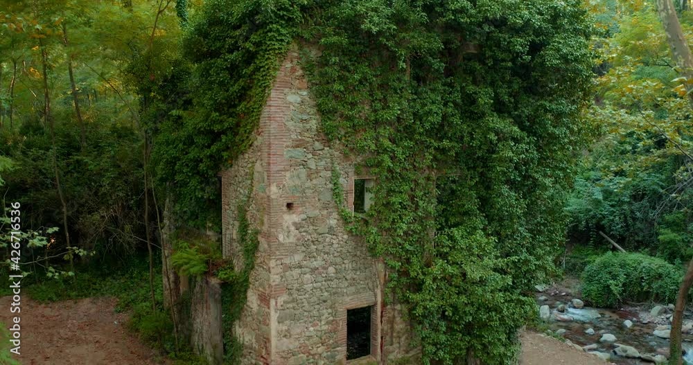Arial Drone shot of abandoned home in the middle of the forest