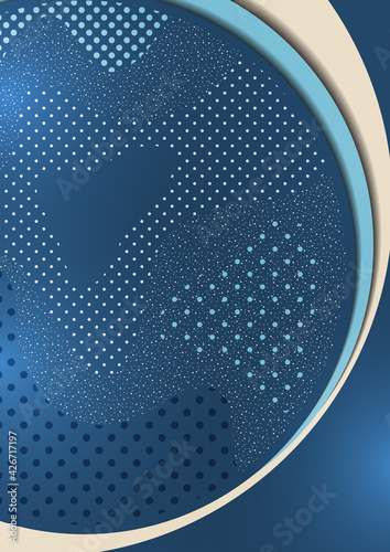 Abstract background with overlapping circles and dots. Chaotic movement. Round banner with blank space for text. Vector