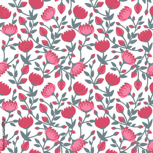 Seamless pattern of red flowers on a white background. Vector illustration.