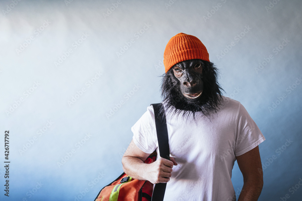 Male in a chimpanzee mask walking with a big bag - obrazy, fototapety, plakaty 