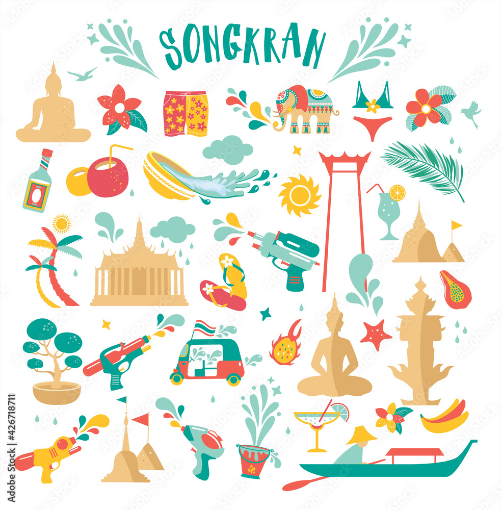 Fototapeta premium Songkran celebration party set icons vector illustration design for Thai new year