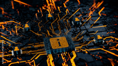 Information Technology Concept with info symbol on a Microchip. Orange Neon Data flows between Users and the CPU across a Futuristic Motherboard. 3D render.