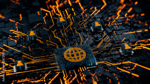 Internet Technology Concept with web symbol on a Microchip. Orange Neon Data flows between Users and the CPU across a Futuristic Motherboard. 3D render.