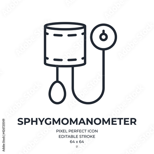 Sphygmomanometer editable stroke outline icon isolated on white background vector illustration. Pixel perfect. 64 x 64.