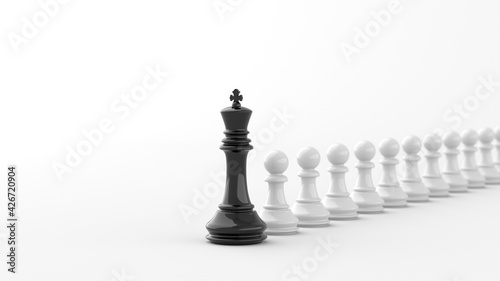 Leadership concept, black king of chess, standing out from the crowd of white pawns, on white background. 3D Rendering