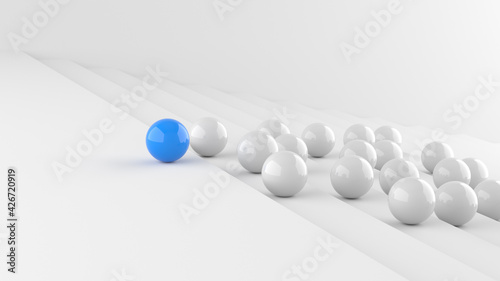 Leadership concept  blue leader ball  standing out from the crowd of white balls. 3D Rendering