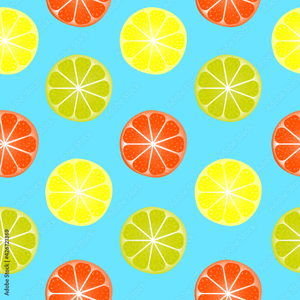 Seamless tropical fruits. Slices grapefruit, orange, lemon, lime on turquoise background.