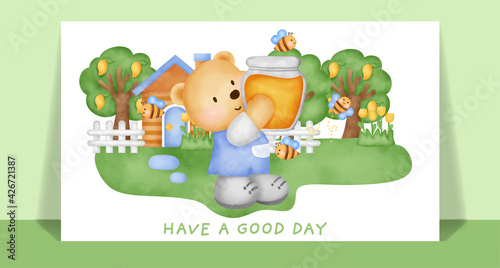 Watercolor cute teddy bear holding honey for greeting card.