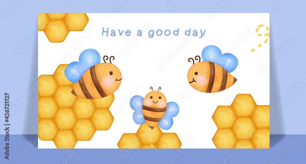 Watercolor cute honey bee  for greeting card.