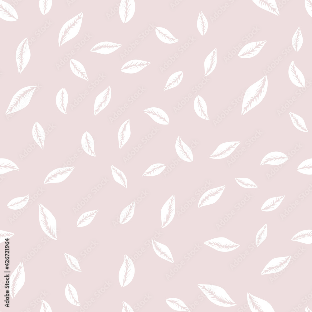 Vector seamless pattern with white hand drawn simple leaves on pink background. Vector seamless pattern with white hand drawn simple leaves on pink background.