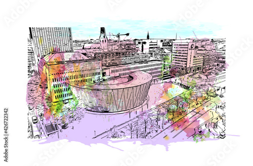 Building view with landmark of Dortmund is a city in Germany. Watercolour splash with hand drawn sketch illustration in vector.