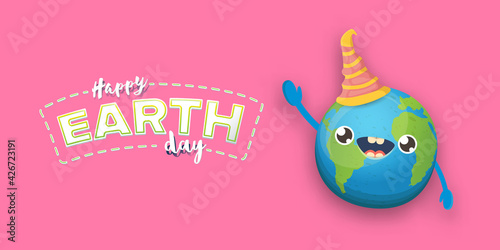 Cartoon earth day horizontal banner with cute smiling earth planet character with funny hat isolated on pink sky background. Eath day concept horizontal design template with funny kawaii earth globe