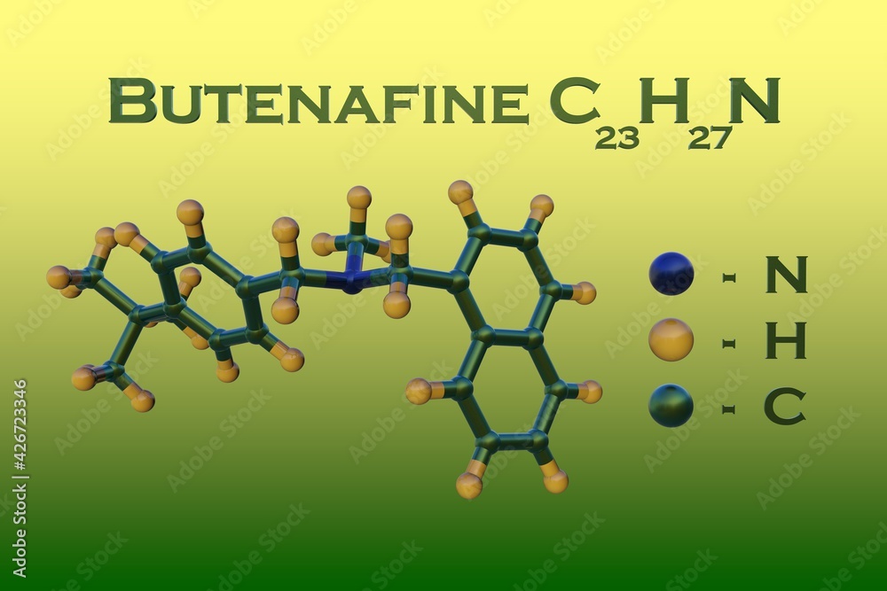 Structural chemical formula and molecular model of butenafine, a