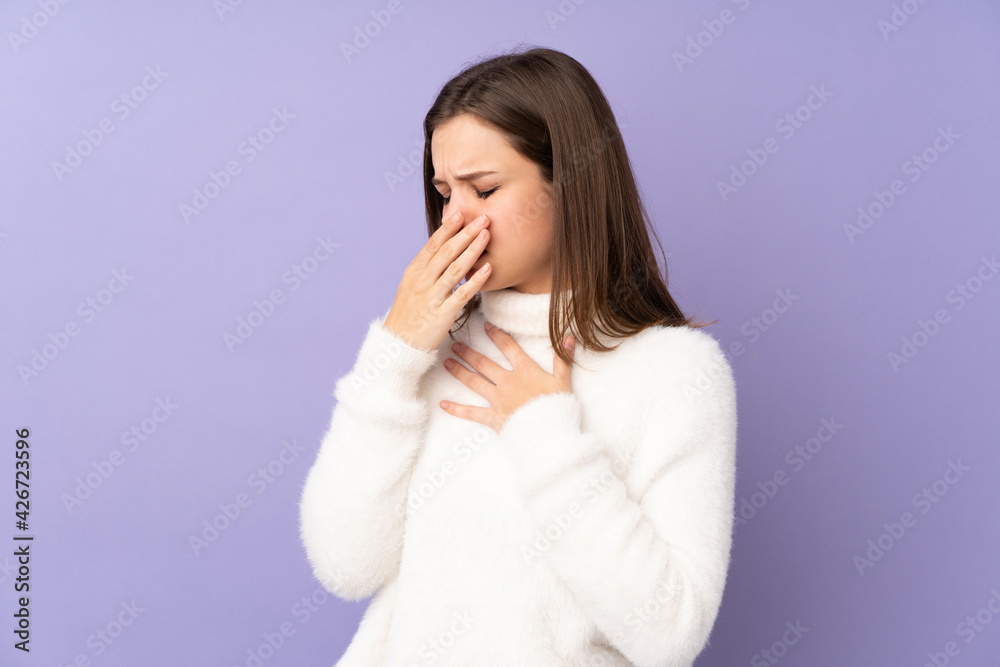 Teenager girl isolated on purple background is suffering with cough and feeling bad Teenager girl isolated on purple background is suffering with cough and feeling bad