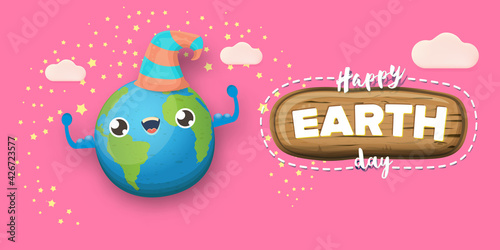 Cartoon earth day horizontal banner with cute smiling earth planet character with funny hat isolated on pink sky background. Eath day concept horizontal design template with funny kawaii earth globe