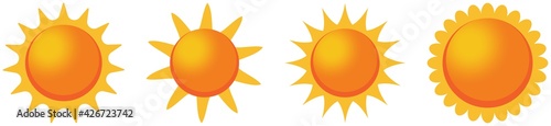Sonne oder Sonnenschein Symbol Kollektion mit Verlauf als Vektor auf einem weißen isolierten Hintergrund.
Gezackte und abgerundete Strahlen.