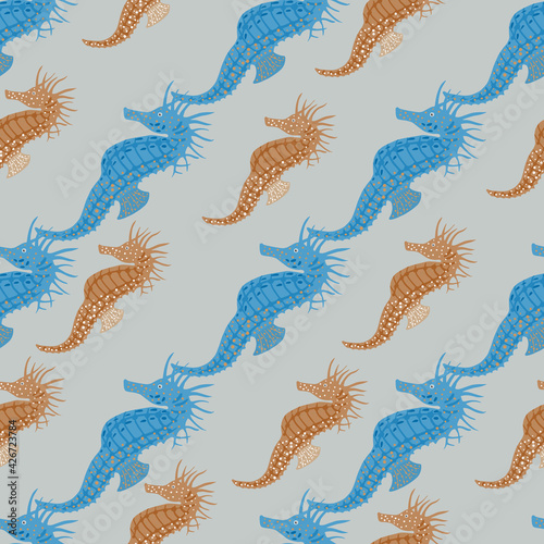 Pale tones seamless pattern with doodle orange and blue seahorse shapes. Grey background. Simple design.