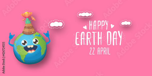 Cartoon earth day horizontal banner with cute smiling earth planet character with funny hat isolated on pink sky background. Eath day concept horizontal design template with funny kawaii earth globe