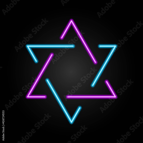 Star of David neon sign, modern glowing banner design, colorful trend of modern design on black background. Vector illustration.