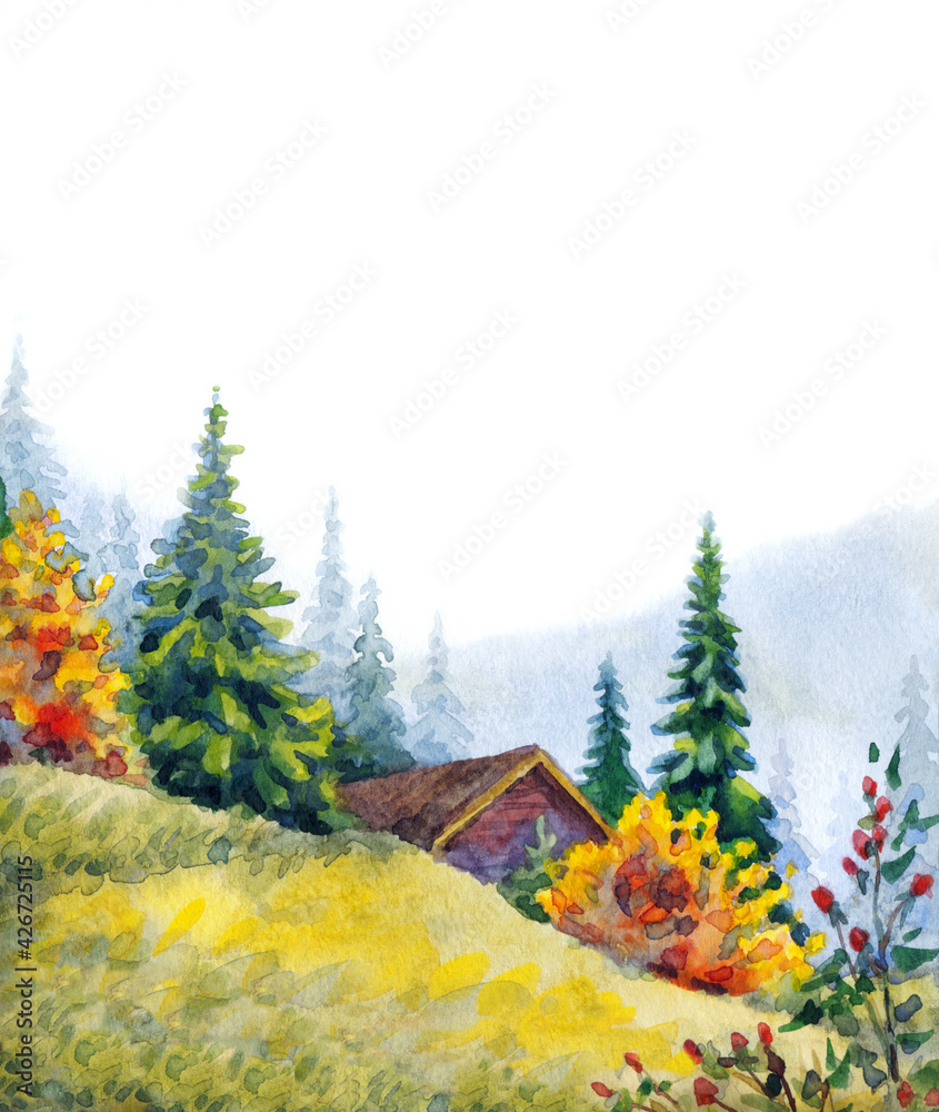 Fototapeta Watercolor landscape. Wooden cabin in the mountains