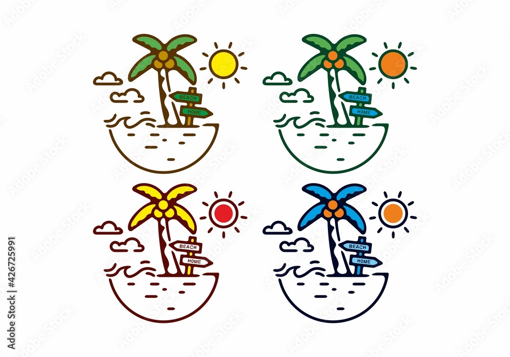 Fototapeta premium Colorful flat illustration of beach and coconut trees