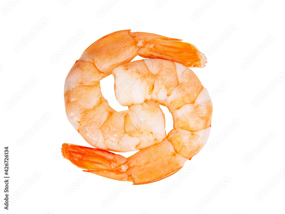 Two peeled shrimps isolated on the white background Two peeled shrimps isolated on the white background