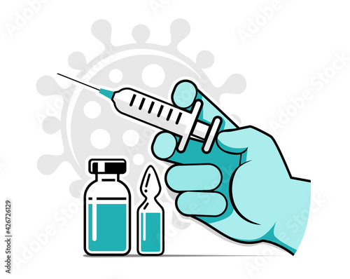 Hand of doctor or nurse in medical glove makes vaccine against coronavirus. Bottle and vial containing drug for COVID-19. Time to vaccinate poster or website page, vector on transparent background