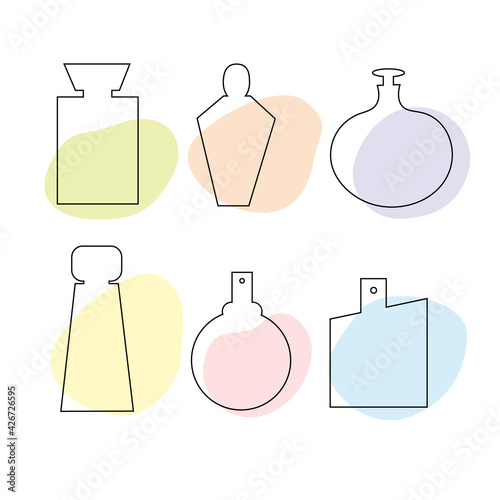 A set of delicate perfume bottles in the style of flat lines. Cosmetic product.
