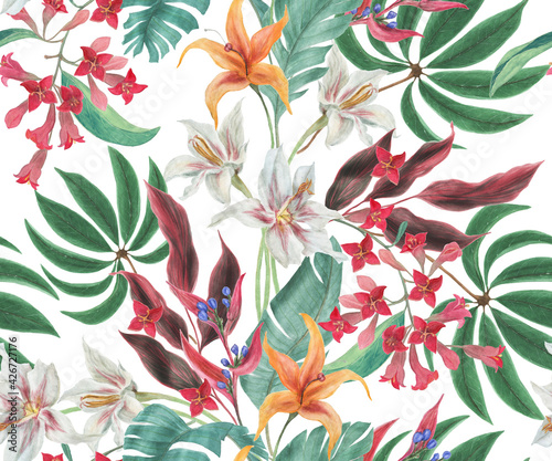 Watercolor painting botanical seamless pattern with exotic flowers on white background