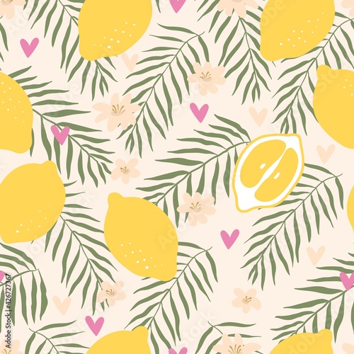 Summer lemon citrus fruit seamless pattern background. Bright print for fabric,wallpaper, design.Scandinavian doodle style. Vector illustration.Tropical ornament with flowers, lemons, palm leaves.